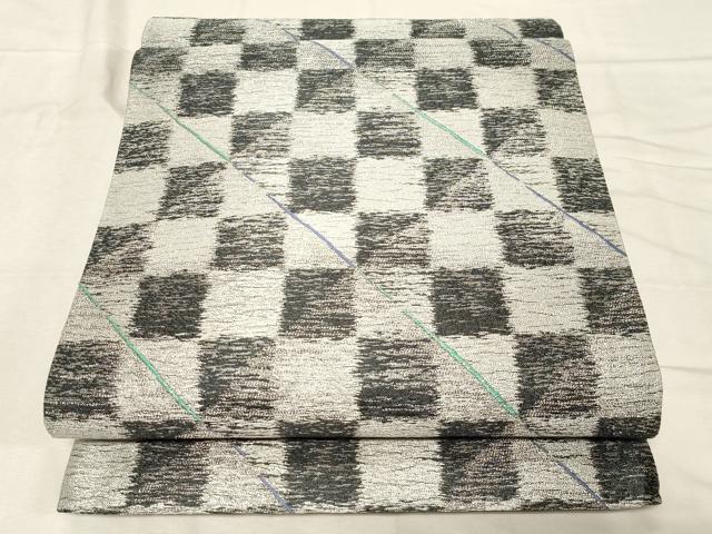平和屋着物●六通柄袋帯　市松文様　銀糸　正絹　逸品　未使用　CABD4263dy