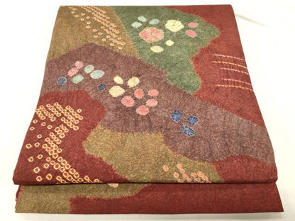 平和屋着物●六通柄袋帯　絞り　草花文　正絹　逸品　CABD4269dy