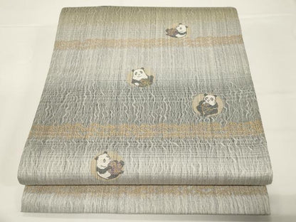 平和屋着物▽六通柄袋帯 スリーシーズン 春夏秋 櫛織 パンダ 金糸 正絹 逸品 CABD4274dy
