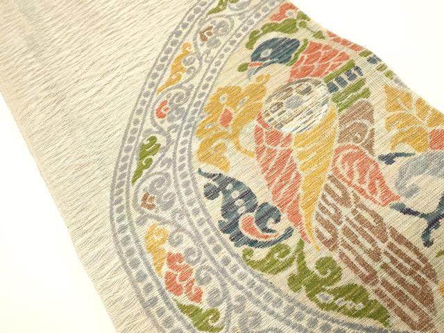 平和屋着物▽太鼓柄袋帯 スリーシーズン 春夏秋 櫛織 花鳥丸文 金糸 正絹 逸品 CABD4277dy