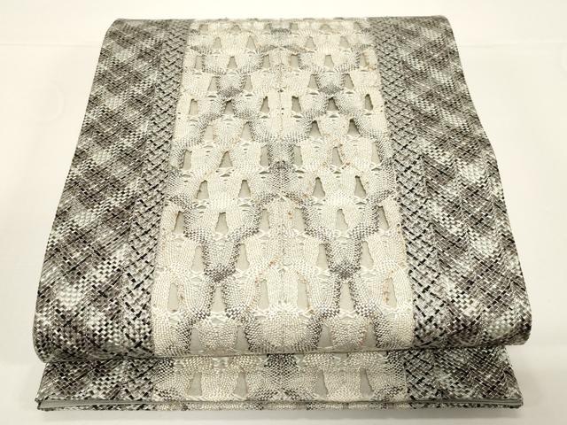平和屋着物●全通柄袋帯　リボン織　縞　銀糸　正絹　逸品　CABD4283dy