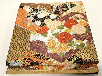 平和屋着物●西陣　河合美術織物謹製　六通柄袋帯　唐織　文箱花文　黒地　金糸　正絹　逸品　CABD4298dy