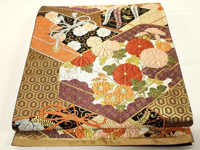 平和屋着物●西陣　河合美術織物謹製　六通柄袋帯　唐織　文箱花文　黒地　金糸　正絹　逸品　CABD4298dy