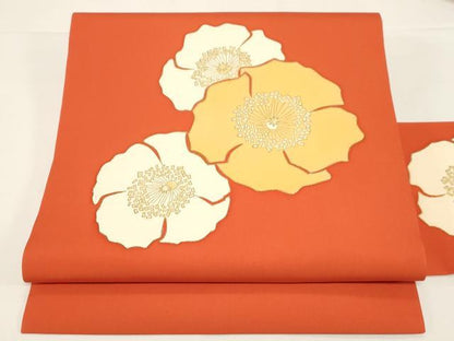 平和屋着物●塩瀬　九寸名古屋帯　けしの花柄　金彩　えり善扱い　たとう紙付き　正絹　逸品　CABD4324dy