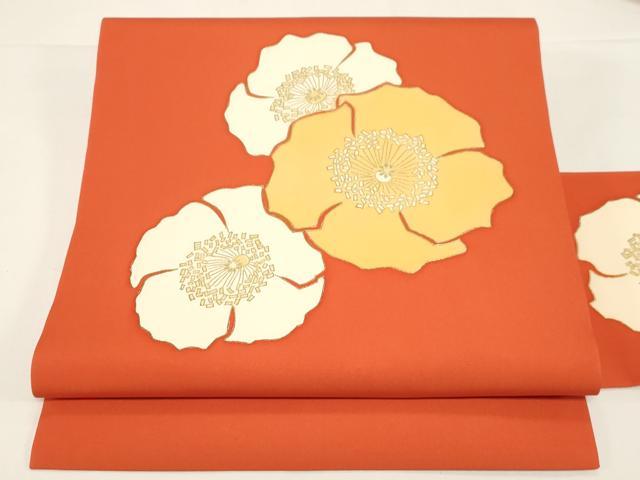 平和屋着物●塩瀬　九寸名古屋帯　けしの花柄　金彩　えり善扱い　たとう紙付き　正絹　逸品　CABD4324dy