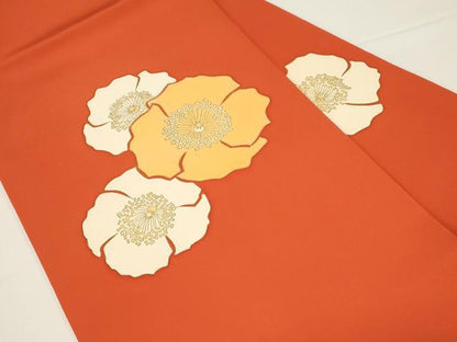 平和屋着物●塩瀬　九寸名古屋帯　けしの花柄　金彩　えり善扱い　たとう紙付き　正絹　逸品　CABD4324dy