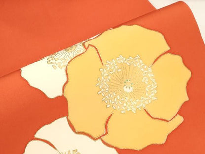 平和屋着物●塩瀬　九寸名古屋帯　けしの花柄　金彩　えり善扱い　たとう紙付き　正絹　逸品　CABD4324dy