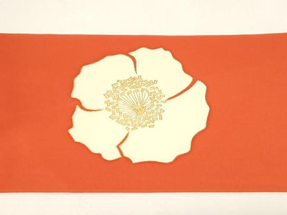 平和屋着物●塩瀬　九寸名古屋帯　けしの花柄　金彩　えり善扱い　たとう紙付き　正絹　逸品　CABD4324dy