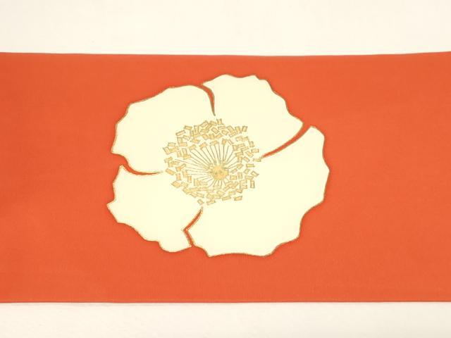 平和屋着物●塩瀬　九寸名古屋帯　けしの花柄　金彩　えり善扱い　たとう紙付き　正絹　逸品　CABD4324dy