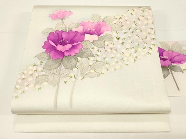 平和屋着物●塩瀬　九寸名古屋帯　手描き　草花文　正絹　逸品　CABD4325dy