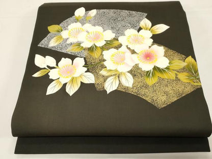 平和屋着物●塩瀬　九寸開き名古屋帯　手描き　地紙草花文　黒地　金銀彩　正絹　逸品　CABD4326dy