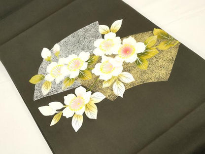 平和屋着物●塩瀬　九寸開き名古屋帯　手描き　地紙草花文　黒地　金銀彩　正絹　逸品　CABD4326dy