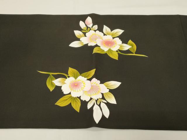 平和屋着物●塩瀬　九寸開き名古屋帯　手描き　地紙草花文　黒地　金銀彩　正絹　逸品　CABD4326dy