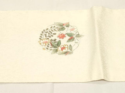 平和屋着物●九寸名古屋帯　駒刺繍　草花丸文　正絹　逸品　CABD4327dy