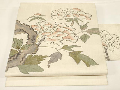 平和屋着物●九寸名古屋帯　紬地　すくい織　草花文　金糸　正絹　逸品　CABD4328dy
