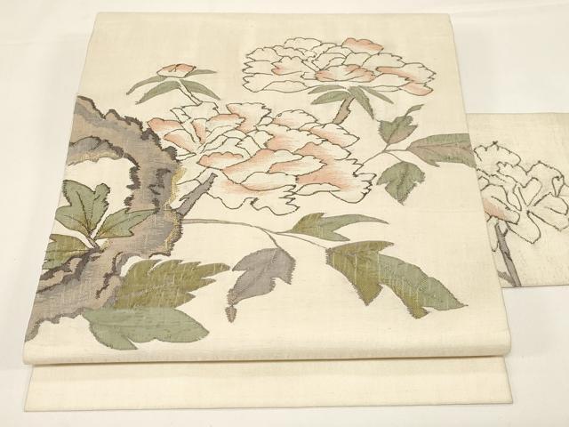 平和屋着物●九寸名古屋帯　紬地　すくい織　草花文　金糸　正絹　逸品　CABD4328dy