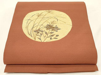 平和屋着物●爪掻き本綴れ　八寸名古屋帯　草花丸文　金糸　正絹　逸品　CABD4329dy