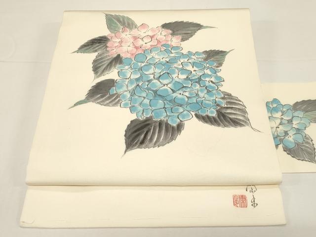 平和屋着物●塩瀬　九寸名古屋帯　作家物　手描き　紫陽花　正絹　逸品　CABD4335dy