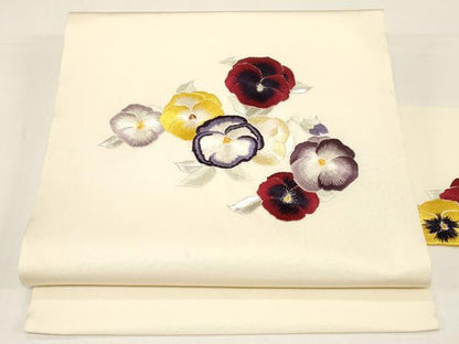 平和屋着物●塩瀬　九寸名古屋帯　刺繍　パンジー　銀糸　正絹　逸品　CABD4337dy