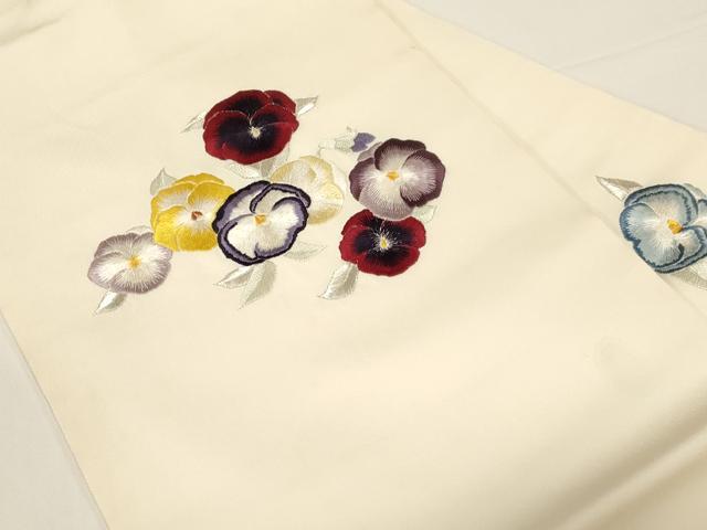 平和屋着物●塩瀬　九寸名古屋帯　刺繍　パンジー　銀糸　正絹　逸品　CABD4337dy