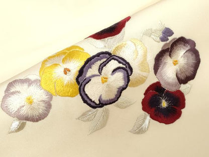 平和屋着物●塩瀬　九寸名古屋帯　刺繍　パンジー　銀糸　正絹　逸品　CABD4337dy