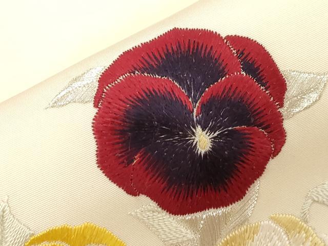 平和屋着物●塩瀬　九寸名古屋帯　刺繍　パンジー　銀糸　正絹　逸品　CABD4337dy