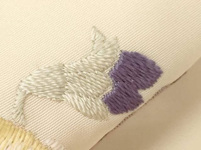 平和屋着物●塩瀬　九寸名古屋帯　刺繍　パンジー　銀糸　正絹　逸品　CABD4337dy