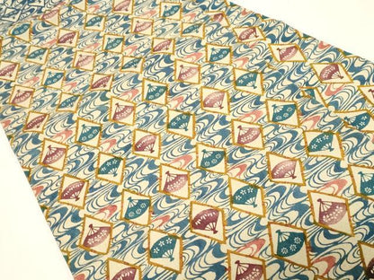 平和屋着物●九寸名古屋帯　紬地　型染め　草木染め　正絹　逸品　CABD4341dy