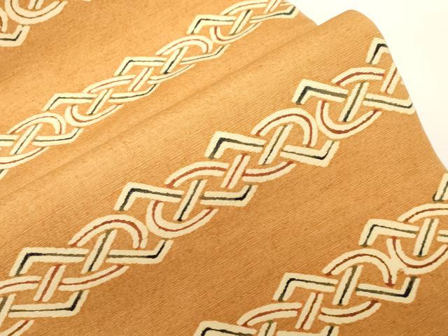 平和屋着物●九寸名古屋帯　紬地　型染め　幾何学文　正絹　逸品　CABD4344dy