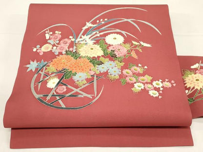 平和屋着物●塩瀬　九寸名古屋帯　友禅　作家物　陶器花文　正絹　逸品　未使用　CABD4345dy
