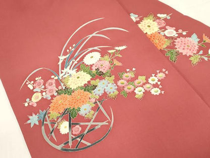 平和屋着物●塩瀬　九寸名古屋帯　友禅　作家物　陶器花文　正絹　逸品　未使用　CABD4345dy