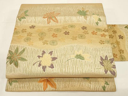 平和屋着物●アンティーク　大正ロマン　九寸名古屋帯　刺繍　舞花文　金糸　正絹　逸品　CABD4346dy