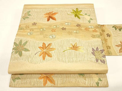 平和屋着物●アンティーク　大正ロマン　九寸名古屋帯　刺繍　舞花文　金糸　正絹　逸品　CABD4346dy