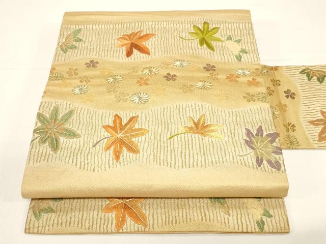 平和屋着物●アンティーク　大正ロマン　九寸名古屋帯　刺繍　舞花文　金糸　正絹　逸品　CABD4346dy