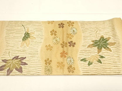 平和屋着物●アンティーク　大正ロマン　九寸名古屋帯　刺繍　舞花文　金糸　正絹　逸品　CABD4346dy