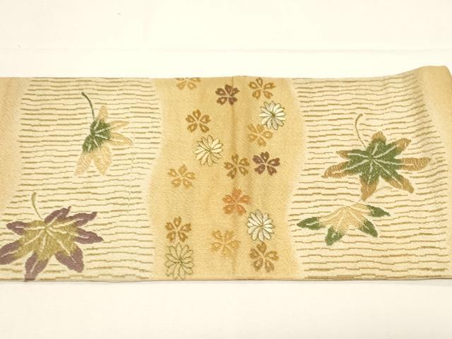 平和屋着物●アンティーク　大正ロマン　九寸名古屋帯　刺繍　舞花文　金糸　正絹　逸品　CABD4346dy