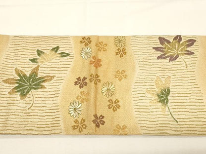 平和屋着物●アンティーク　大正ロマン　九寸名古屋帯　刺繍　舞花文　金糸　正絹　逸品　CABD4346dy