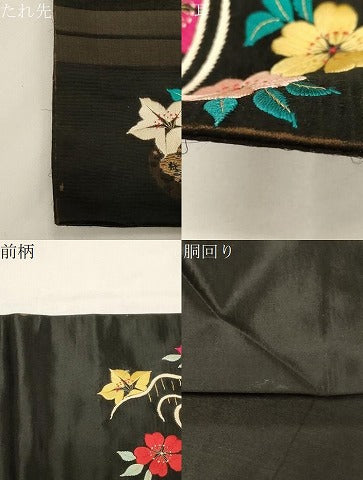 平和屋着物●アンティーク　大正ロマン　九寸名古屋帯　総手刺繍　立波草花文　黒地　金糸　正絹　逸品　CABD4348dy