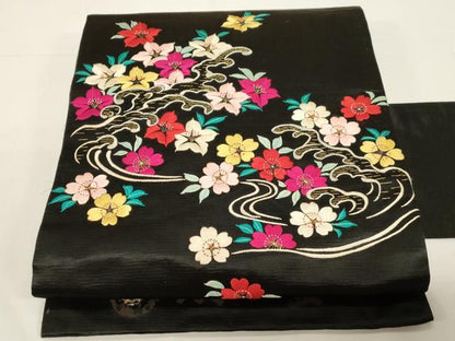 平和屋着物●アンティーク　大正ロマン　九寸名古屋帯　総手刺繍　立波草花文　黒地　金糸　正絹　逸品　CABD4348dy