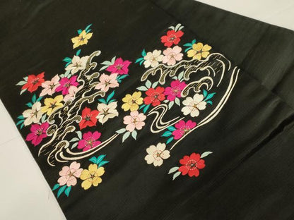 平和屋着物●アンティーク　大正ロマン　九寸名古屋帯　総手刺繍　立波草花文　黒地　金糸　正絹　逸品　CABD4348dy