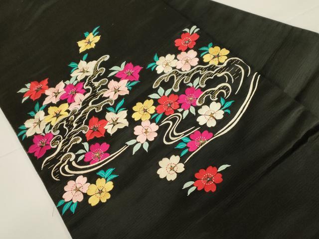 平和屋着物●アンティーク　大正ロマン　九寸名古屋帯　総手刺繍　立波草花文　黒地　金糸　正絹　逸品　CABD4348dy