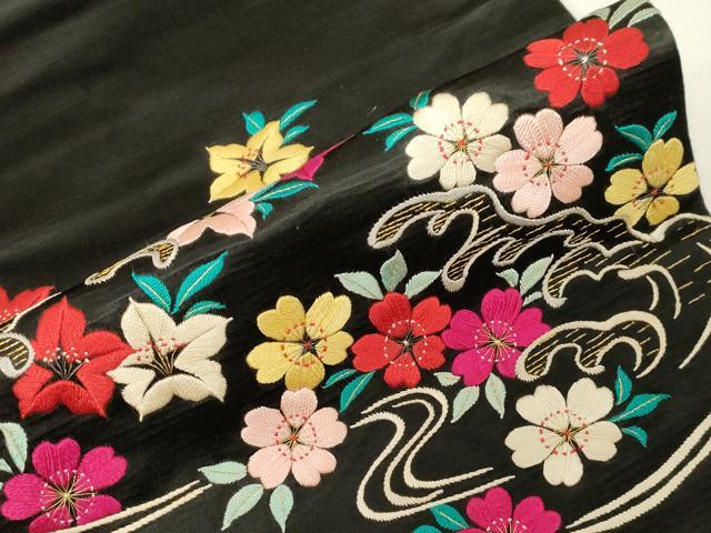 平和屋着物●アンティーク　大正ロマン　九寸名古屋帯　総手刺繍　立波草花文　黒地　金糸　正絹　逸品　CABD4348dy