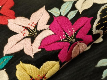 平和屋着物●アンティーク　大正ロマン　九寸名古屋帯　総手刺繍　立波草花文　黒地　金糸　正絹　逸品　CABD4348dy