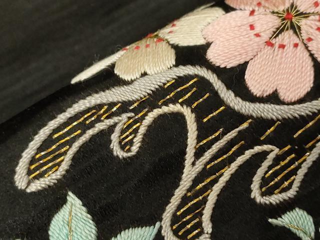 平和屋着物●アンティーク　大正ロマン　九寸名古屋帯　総手刺繍　立波草花文　黒地　金糸　正絹　逸品　CABD4348dy