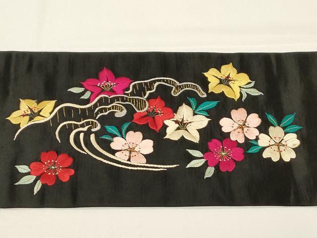 平和屋着物●アンティーク　大正ロマン　九寸名古屋帯　総手刺繍　立波草花文　黒地　金糸　正絹　逸品　CABD4348dy