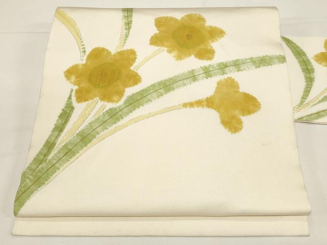平和屋着物●染色作家　小倉淳史　塩瀬　九寸名古屋帯　絞り　草花文　金彩　正絹　逸品　CABD4349dy