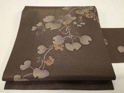 平和屋着物●九寸名古屋帯　作家物　葡萄蔦の葉文　金通し地　金彩　正絹　逸品　CABD4352dy