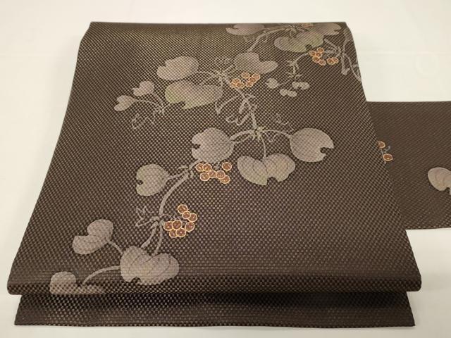 平和屋着物●九寸名古屋帯　作家物　葡萄蔦の葉文　金通し地　金彩　正絹　逸品　CABD4352dy