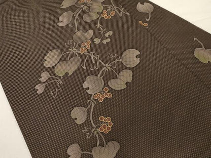 平和屋着物●九寸名古屋帯　作家物　葡萄蔦の葉文　金通し地　金彩　正絹　逸品　CABD4352dy