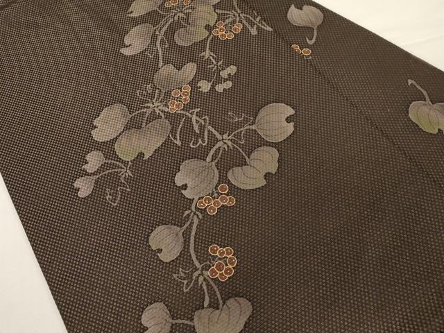 平和屋着物●九寸名古屋帯　作家物　葡萄蔦の葉文　金通し地　金彩　正絹　逸品　CABD4352dy